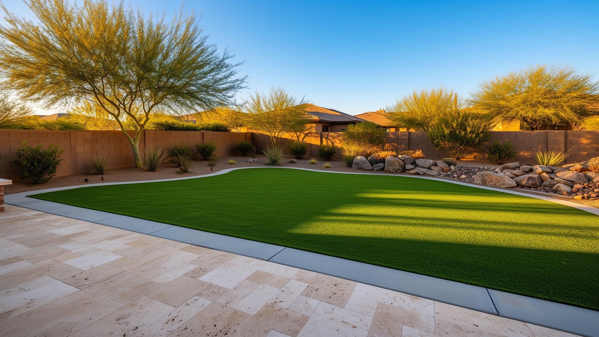 Beautifully finished backyard with travertine pavers and turf